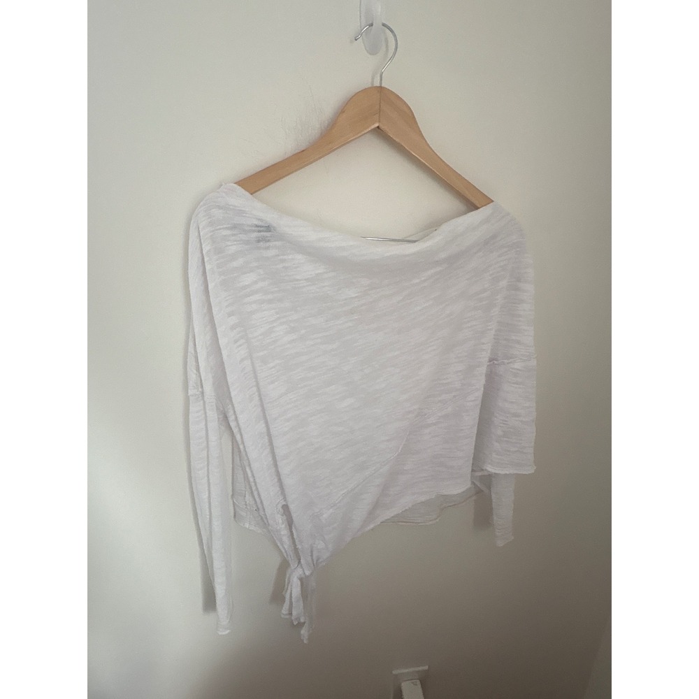 We The Free Free People White Slub Knit Side Tie Off Shoulder Top Womens XS